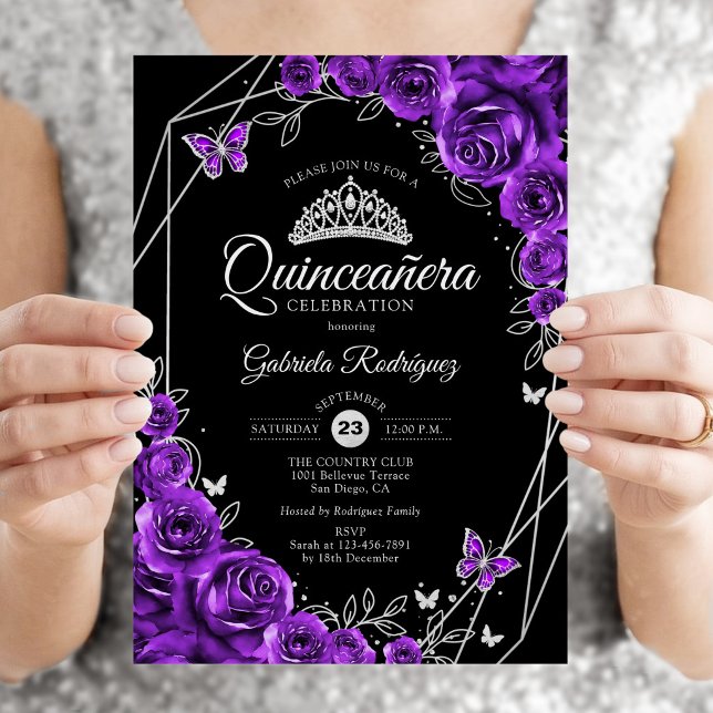 Quinceanera Svart Silver Lila Blommig Inbjudningar (Skapare uppladdad)