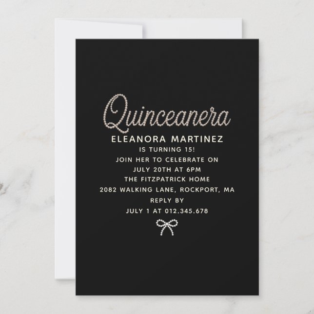 Quinceanera Svart Vit Pärlmanus Båge Inbjudningar (Framsida)