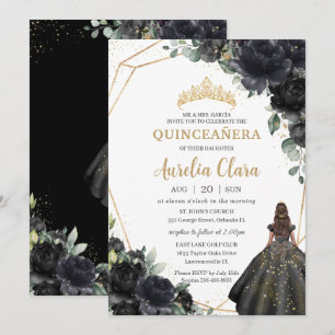 Quinceañera Svarta Blommor Rosor Prinsessa Guld Kr Inbjudningar