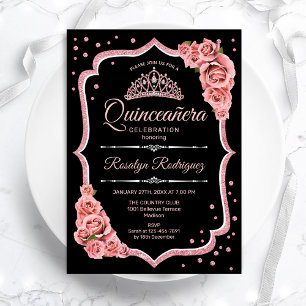 Quinceanera - Svarta Ro Guld Inbjudningar