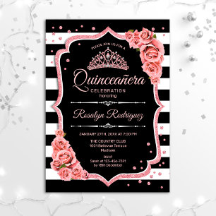 Quinceanera - Svarta Ro Guld Inbjudningar