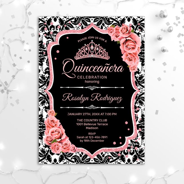 Quinceanera - Svarta Ro Guld Inbjudningar (Skapare uppladdad)