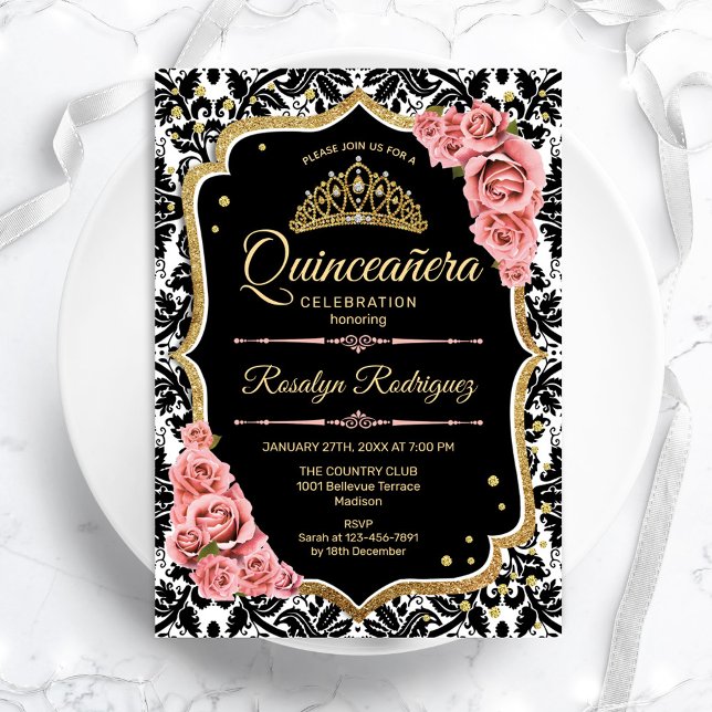 Quinceanera - Svarta  Rosan Guld Inbjudningar (Skapare uppladdad)