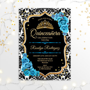 Quinceanera - Svartblå Guld Inbjudningar