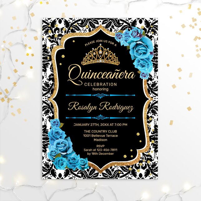 Quinceanera - Svartblå Guld Inbjudningar (Skapare uppladdad)