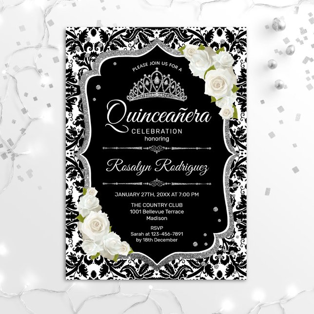 Quinceanera - Svartvit Silver Inbjudningar (Skapare uppladdad)