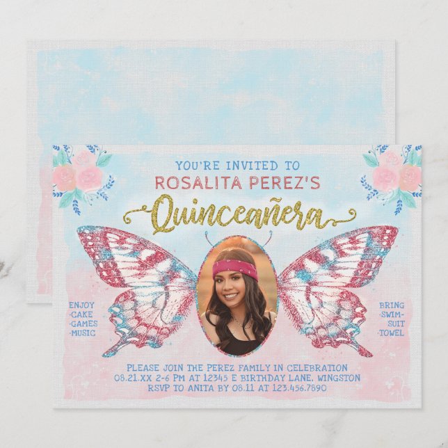 Quinceanera Sweet 15 Birthday Butterfly med Photo Inbjudningar (Fram/baksida)