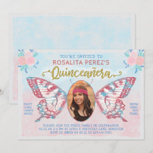 Quinceanera Sweet 15 Birthday Butterfly med Photo Inbjudningar