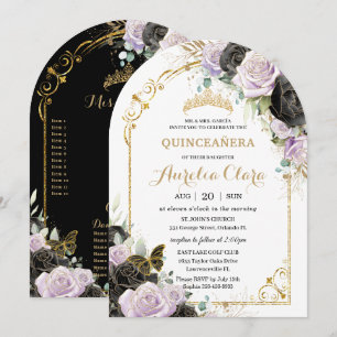 Quinceañera Sweet 16 Black Lila Blommigt Guld Arch Inbjudningar