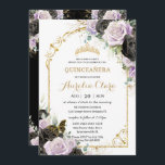 Quinceañera Sweet 16 Black Lilac Blommigt Padrinos Inbjudningar<br><div class="desc">Lägg till lite elegans vid ditt speciella tillfälle med våra lyxaktiga inbjudningar till dubbla, svart och lila ro blommigt, med en guld prinsessa krona, delikat fjäril, en guld-båge ram och förfinade guld accents. Lägg till din inbjudan på inbjudan och Padrinos och Hedersdomstolen på baksidan. Du kan ta bort texten på...</div>