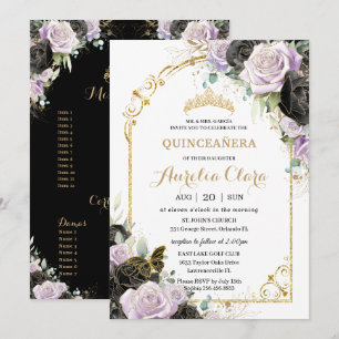Quinceañera Sweet 16 Black Lilac Blommigt Padrinos Inbjudningar
