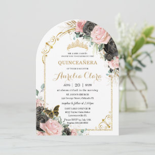 Quinceañera Sweet 16 Black Rosa Blommigt Guld Arch Inbjudningar