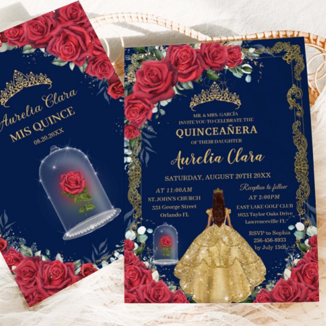 Quinceañera Sweet 16 Enchanted Röd ros Navy Blue Inbjudningar (Skapare uppladdad)