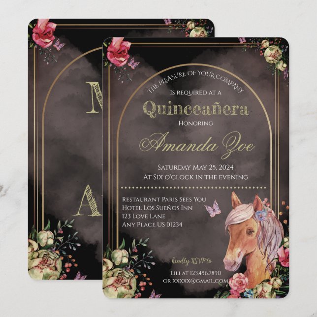 Quinceañera/Sweet 16 Inbjudan till hästdesign (Fram/baksida)