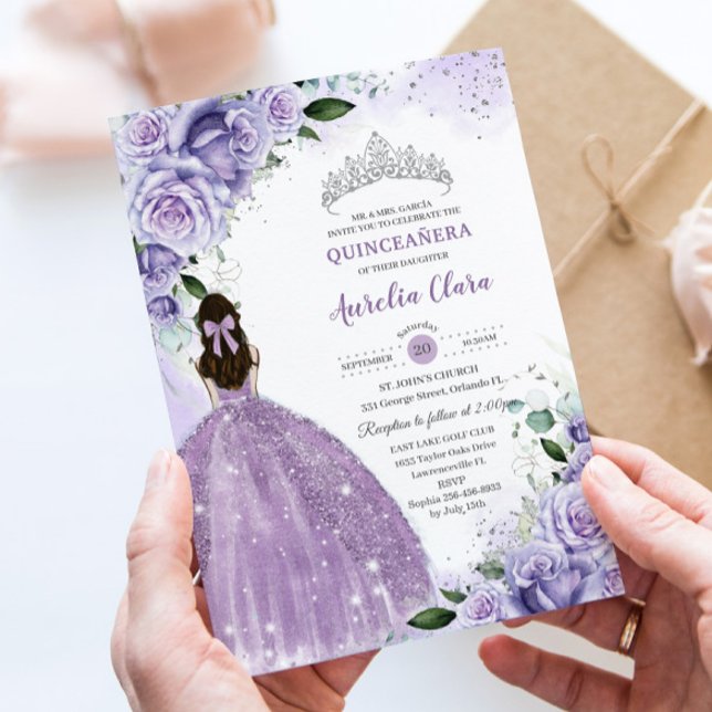 Quinceañera Sweet 16 Lila Lavender Blommigt Silver Inbjudningar (Skapare uppladdad)