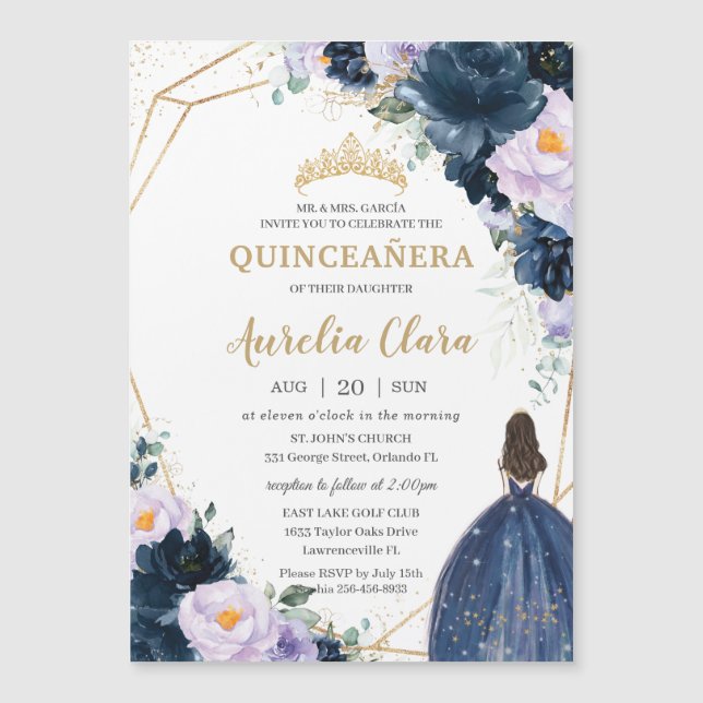 Quinceañera Sweet 16 Lila Lila Marinblå Blommig Magnetisk Inbjudningskort (Framsida)