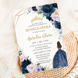 Quinceañera Sweet 16 Lila Lilac Navy Blue Blommigt Inbjudningar