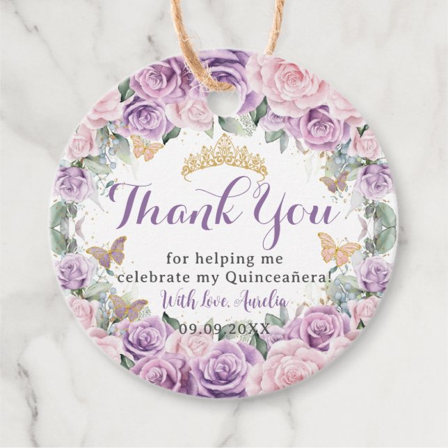 Quinceañera Sweet 16 Lila Lilac Rosa Blommigt Guld Gåvor Etiketter (Framsida)
