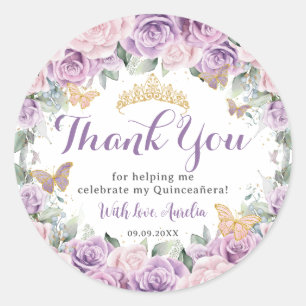 Quinceañera Sweet 16 Lila Lilac Rosa Blommigt Guld Runt Klistermärke