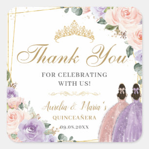 Quinceañera Sweet 16 Lilac Blommigt Twin Girls Fyrkantigt Klistermärke