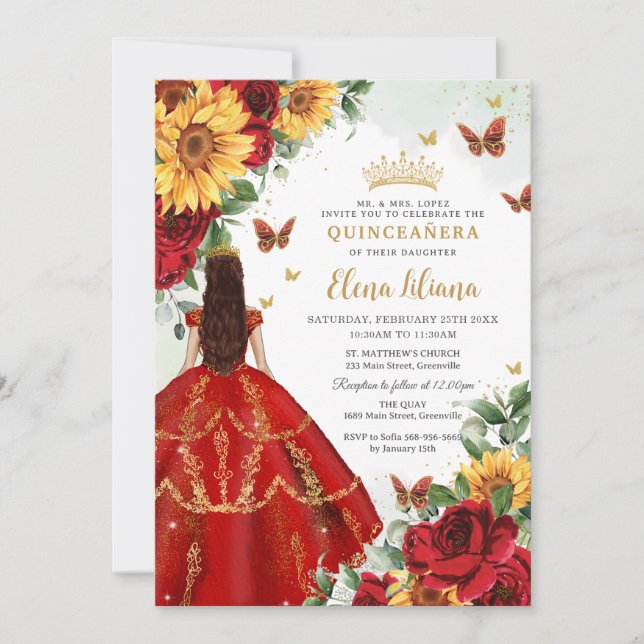 Quinceañera Sweet 16 Röd ros Solblommor Blommigt Inbjudningar (Framsida)