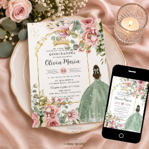 Quinceañera Sweet 16 Rosenskär Blommande Sagegrön Inbjudningar