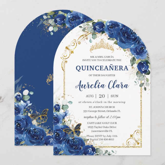 Quinceañera Sweet 16 Royal Blue Blommigt Arch Inbjudningar (Fram/baksida)