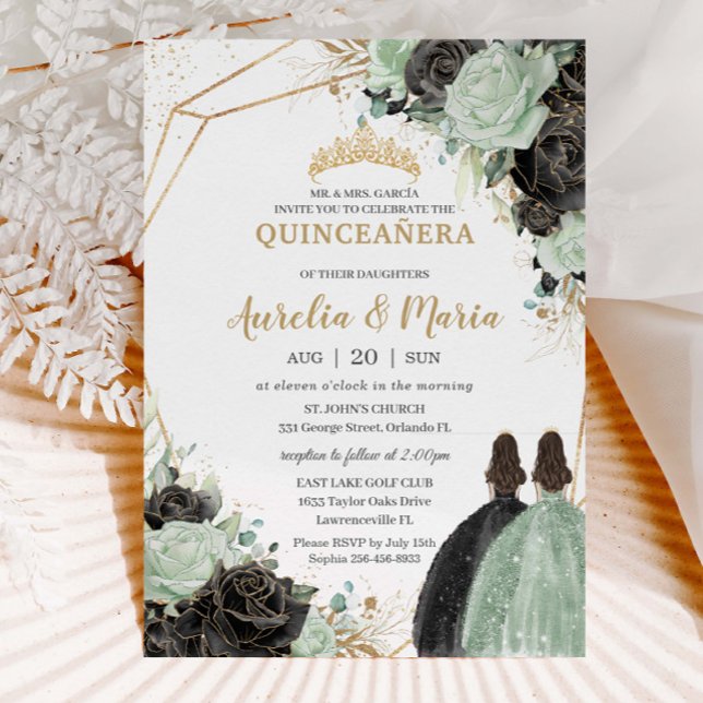 Quinceañera Sweet 16 Sage Grönt Black Blommigt Twi Inbjudningar (Skapare uppladdad)
