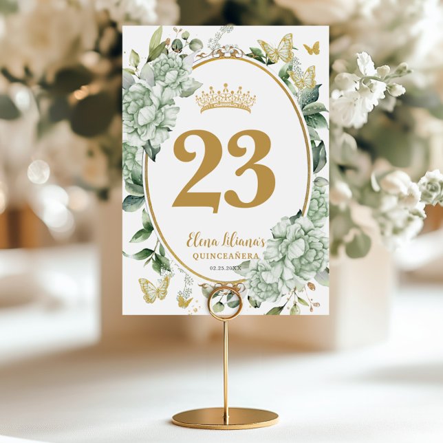 Quinceanera Sweet 16 Sage Grönt Blommigt Butterfli Bordsnummer (Skapare uppladdad)