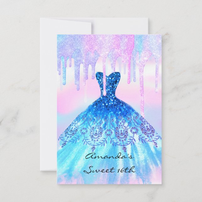 Quinceanera Sweet 16th Blue Rosa HoloGraphics Dres Inbjudningar (Baksida)