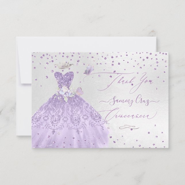 Quinceanera Tack Dusty Lila Glitter Gown Inbjudningar (Framsida)