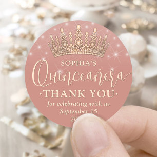 Quinceañera Tack Elegant Ro Guld Krona Rosa Runt Klistermärke