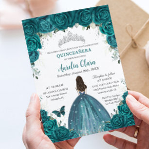 Quinceañera Teal Blommigt Butterflies Silver Tiara Inbjudningar