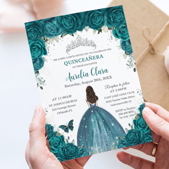 Quinceañera Teal Blommigt Butterflies Silver Tiara Inbjudningar (Skapare uppladdad)