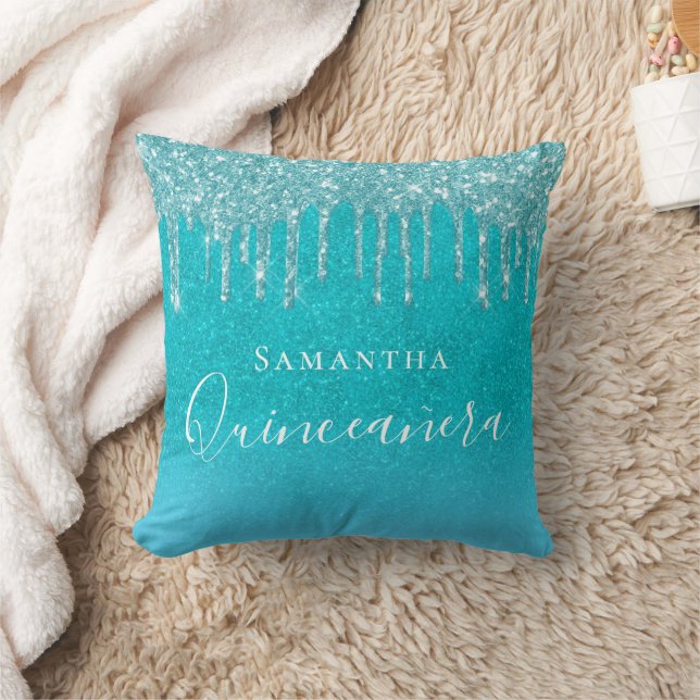 Quinceanera teal blue glitter sea grönt monogram kudde (Filt)