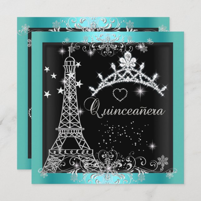 Quinceanera Teal Blue Glitter Tiara Eiffel Torn Inbjudningar (Fram/baksida)
