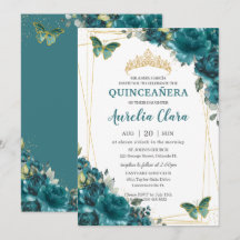 Quinceañera Teal Blue Grönt Blommigt Butterflies