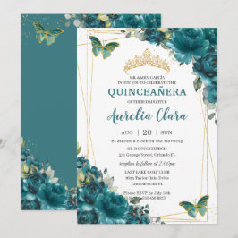 Quinceañera Teal Blue Grönt Blommigt Butterflies Inbjudningar