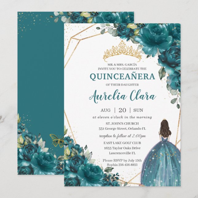 Quinceañera Teal Blue Grönt Blommigt Princess Kron Inbjudningar (Fram/baksida)