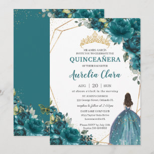 Quinceañera Teal Blue Grönt Blommigt Princess Kron Inbjudningar