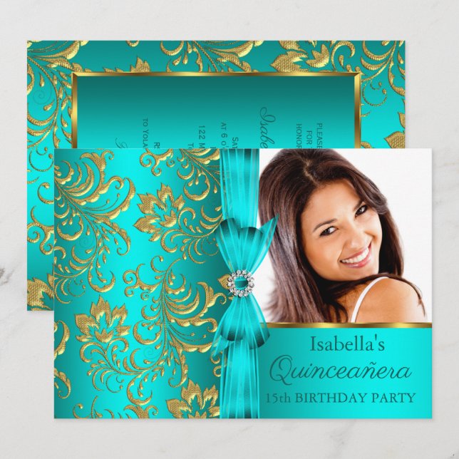 Quinceanera Teal Blue Guld Damask Blommigt Photo Inbjudningar (Fram/baksida)