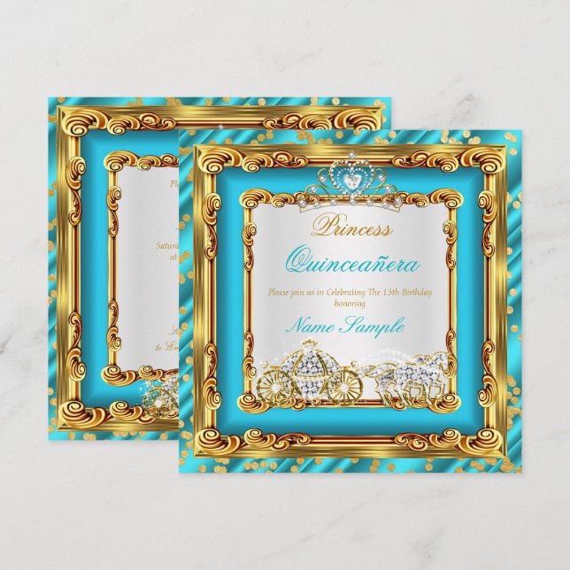 Quinceanera Teal Blue Guld Diamond Horse Carriage Inbjudningar (Fram/baksida)