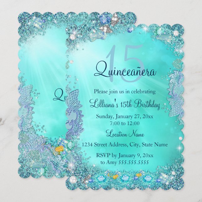 Quinceanera Teal Blue Ocean Jewel Födelsedagsfest Inbjudningar (Fram/baksida)