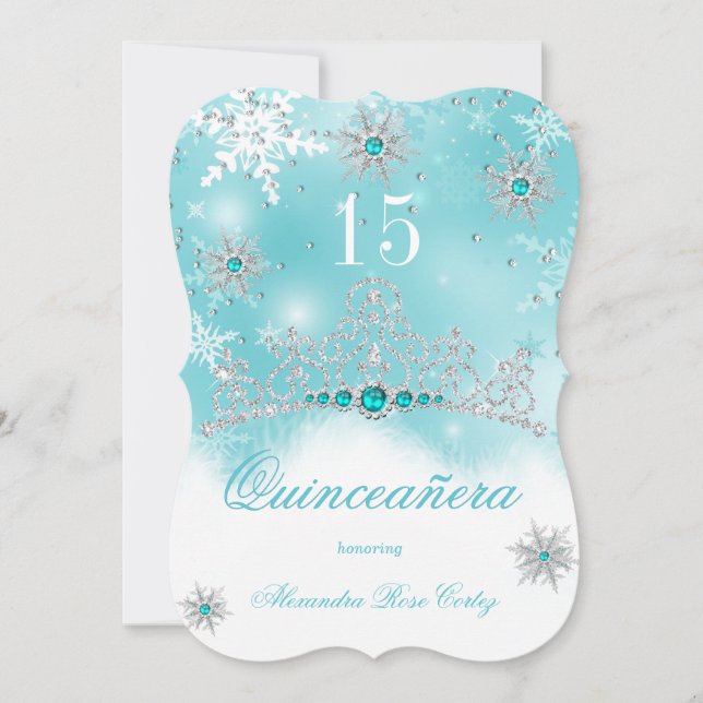 Quinceanera Teal Blue Pearl Snowflake 15 födelseda Inbjudningar (Framsida)
