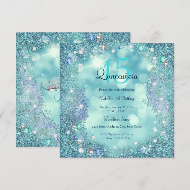 Quinceanera Teal Blue Pearls Ocean Himlar Inbjudningar (Fram/baksida)
