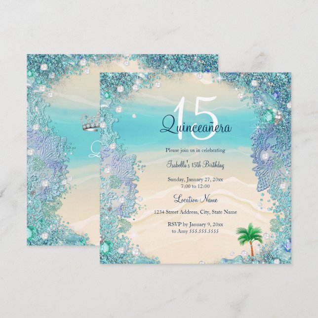 Quinceanera Teal Blue Sand Ocean Beach Birthday 2 Inbjudningar (Fram/baksida)