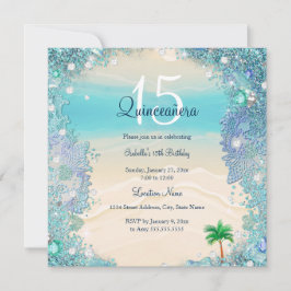 Quinceanera Teal Blue Sand Ocean Beach Birthday 2 Inbjudningar