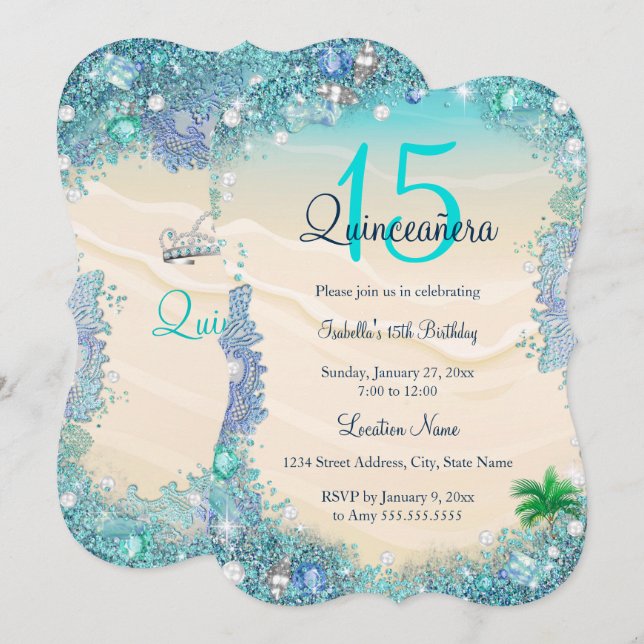Quinceanera Teal Blue Sand Ocean Beach Birthday Inbjudningar (Fram/baksida)