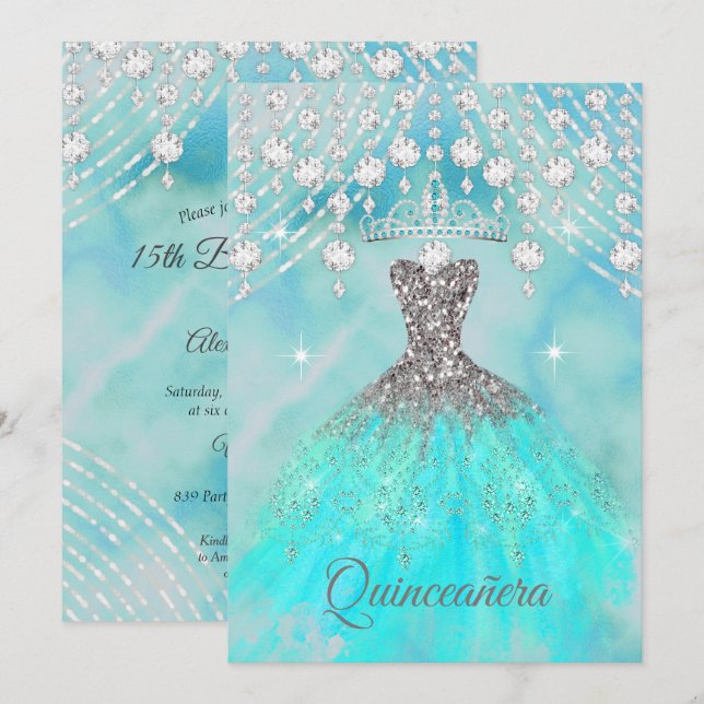 Quinceanera Teal Blue Silver 15:e Födelsedagsfeste Inbjudningar (Fram/baksida)
