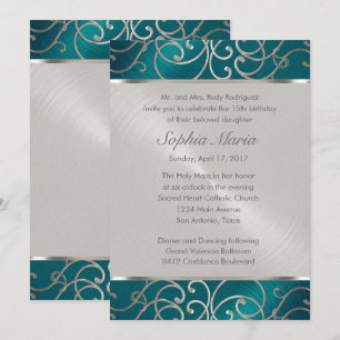 Quinceanera Teal Blue Silver Filigree Swirls Inbjudningar